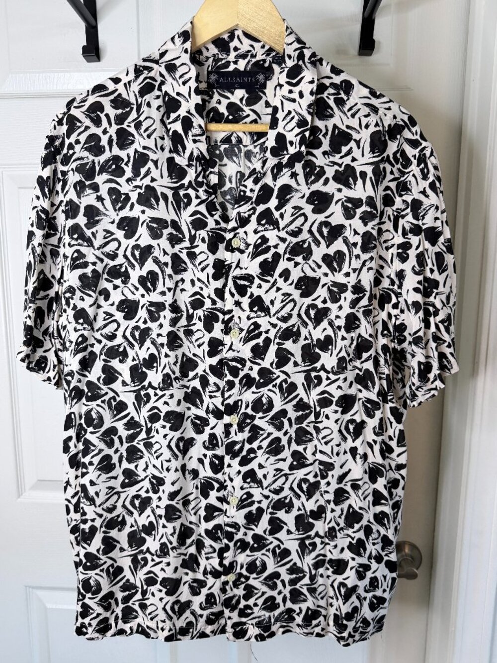 ALLSAINTS XL 100% Viscose Floral Print Camp Collar Shirt Black White Resort Shir